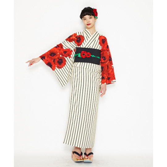 Retro Modern Anemone Yukata - Flower, stripes pattern light kimono - Japan Trend Shop